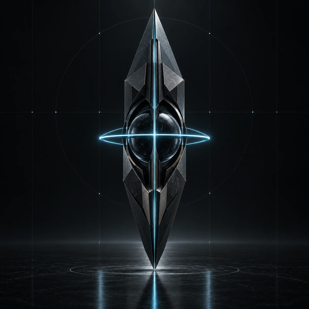 Matte obsidian monolith with one precise cyan ring and low trace density.