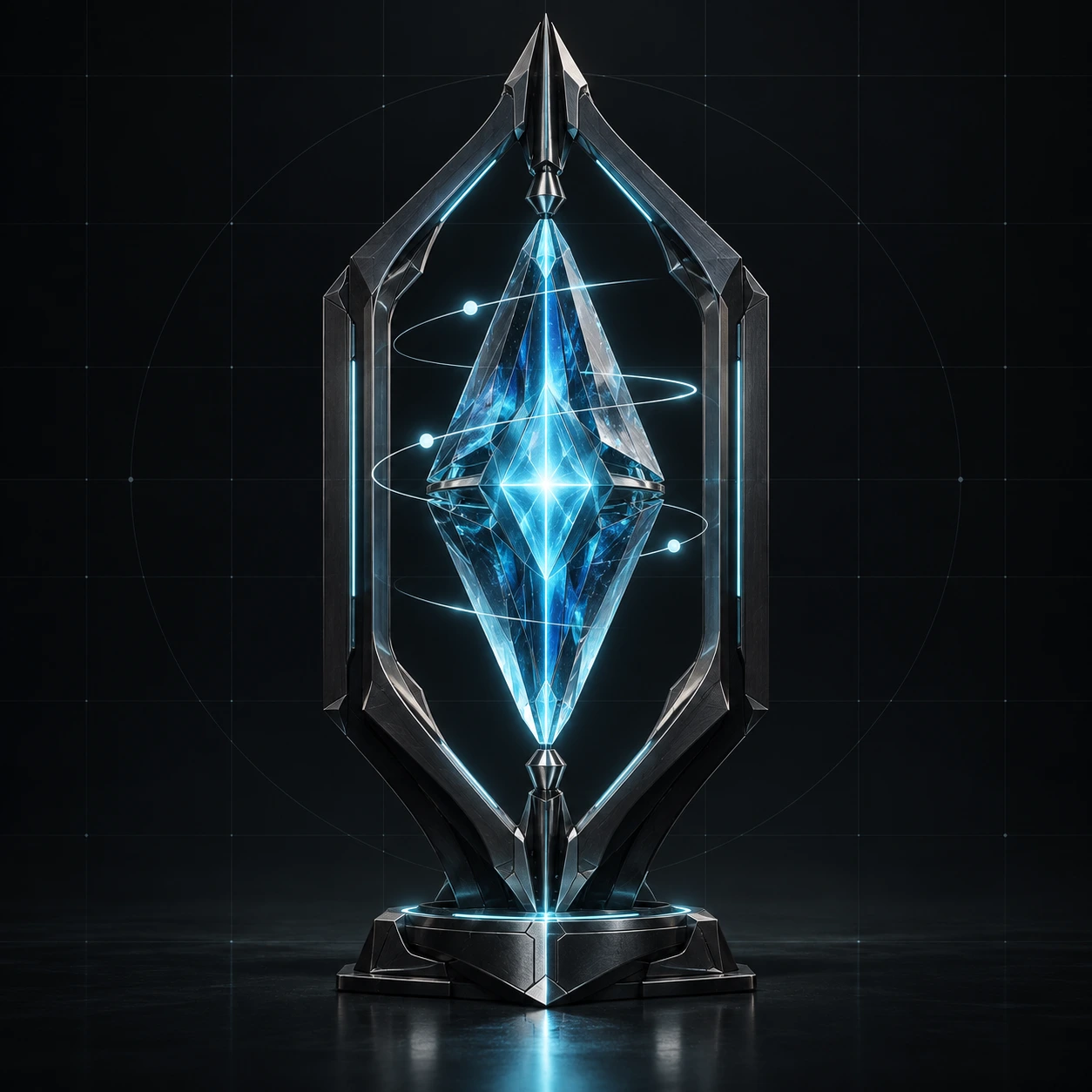 Faceted cyan core inside a dark architectural frame with three telemetry traces.