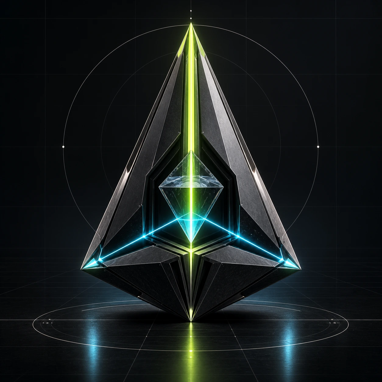 Upward-facing tetrahedral instrument with an acid-lime directional trace.