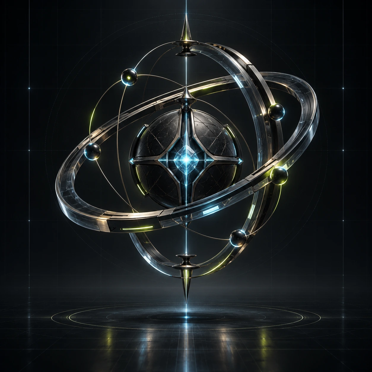 Two offset smoked-glass orbital rings around a compact graphite nucleus.