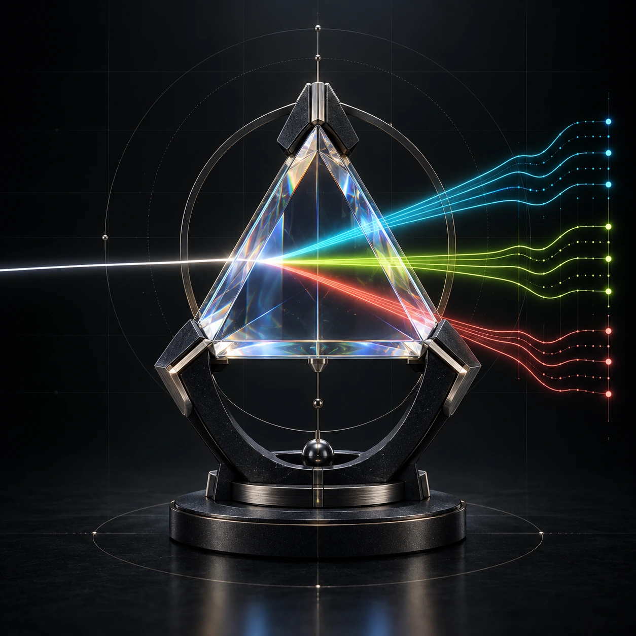 Refractive triangular prism with a controlled three-color split and seven fine traces.