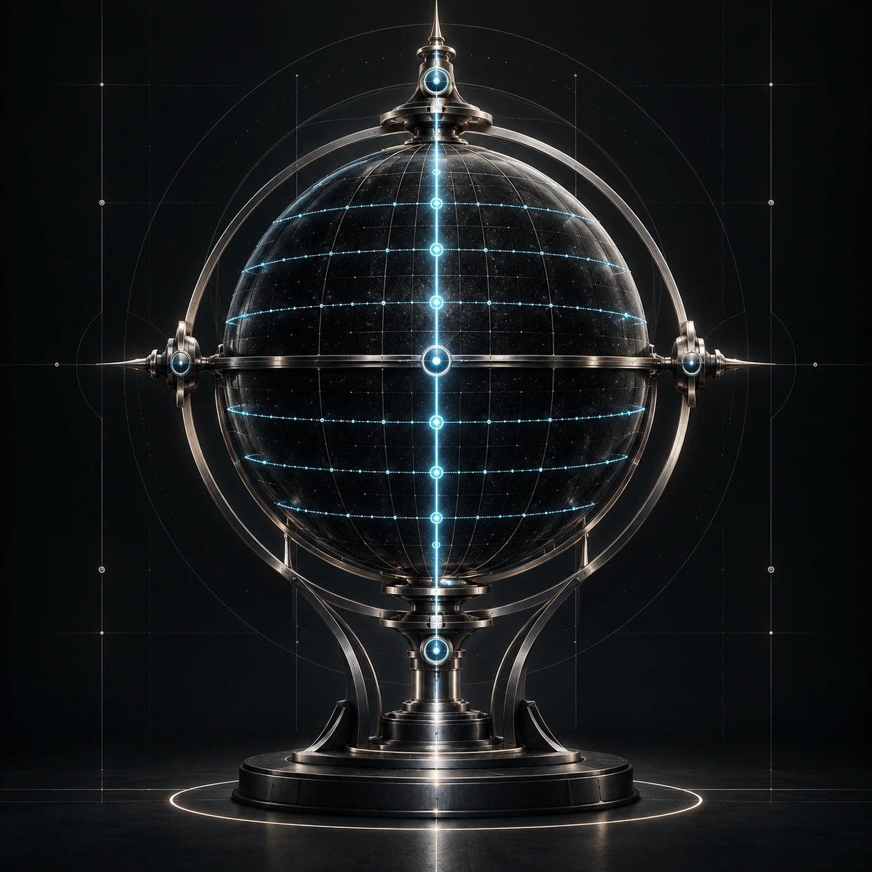 Tall observatory sphere with a vertical meridian and disciplined platinum grid.